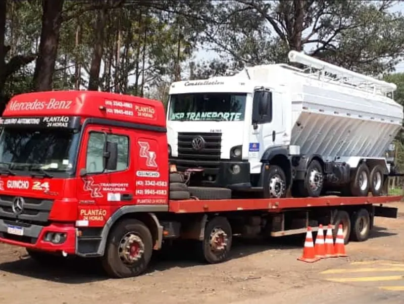 Guincho plataforma Mercedes-Benz da RR transportando caminhão graneleiro
