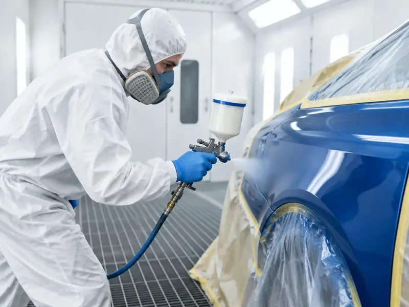 Pintor automotivo pintando a lataria em cabine