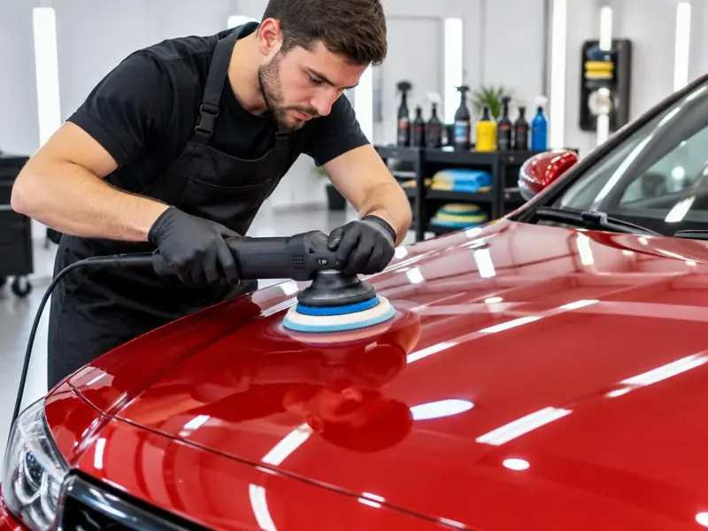Polimento da pintura de um carro vermelho